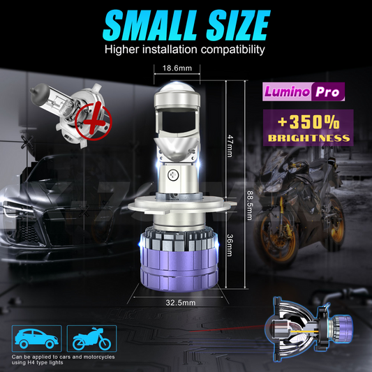 X-7SEVEN H4 Hi/Lo Beam X-Lumino Pro Series 120W 24000LM LHD RHD H4 Mini Bi-LED Projector Lens for Car and Motorcycle