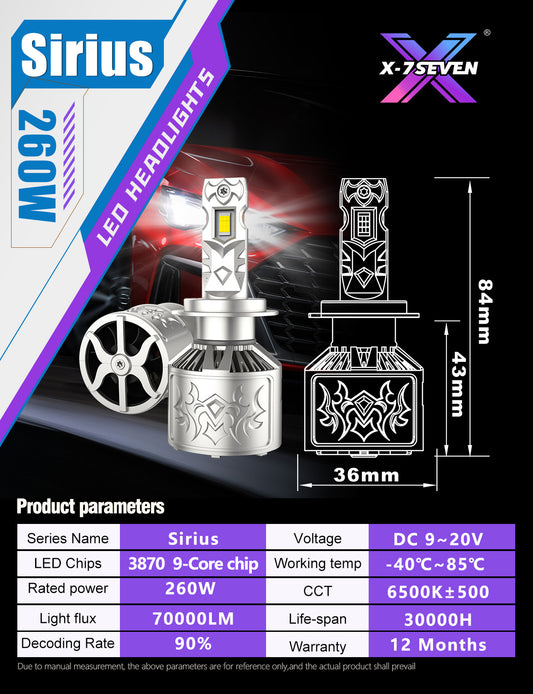 مصباح أمامي LED عالي الطاقة من سلسلة X-7SEVEN OEM، بقدرة 240 واط، وشدة إضاءة 65000 لومن، يعمل بجهد 12 فولت، بإضاءة عالية ومنخفضة، بإضاءة H4، ودرجة حرارة لون 6500 كلفن، وإضاءة بيضاء، ومتوافق مع موديلات H1، H7، H11، 9005، 9006، 9012