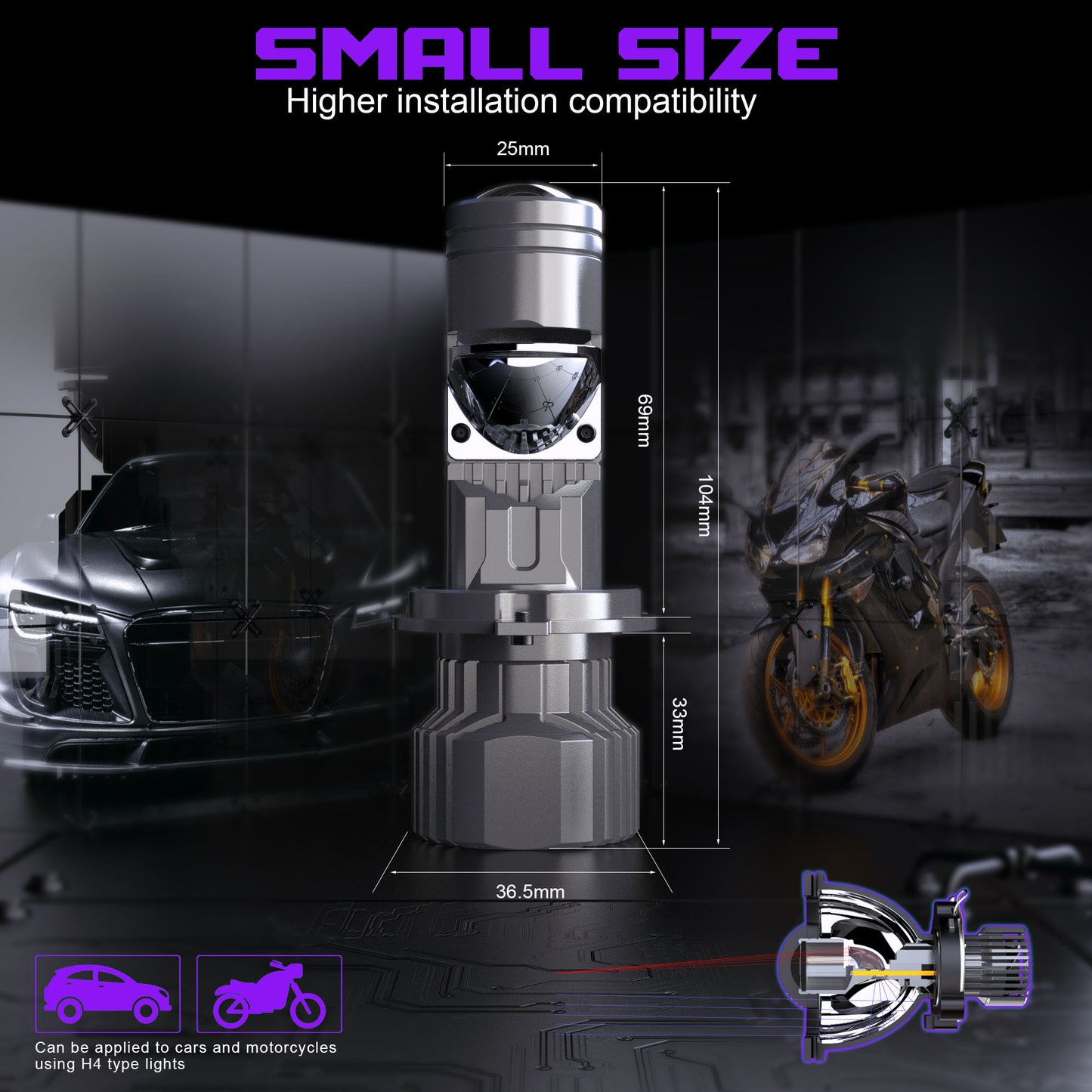 X-7SEVEN H4 Hi/Lo Beam X-Lumino Pro Series 120W 12000LM LHD RHD H4 Mini Bi-LED Projector Lens for Car and Motorcycle