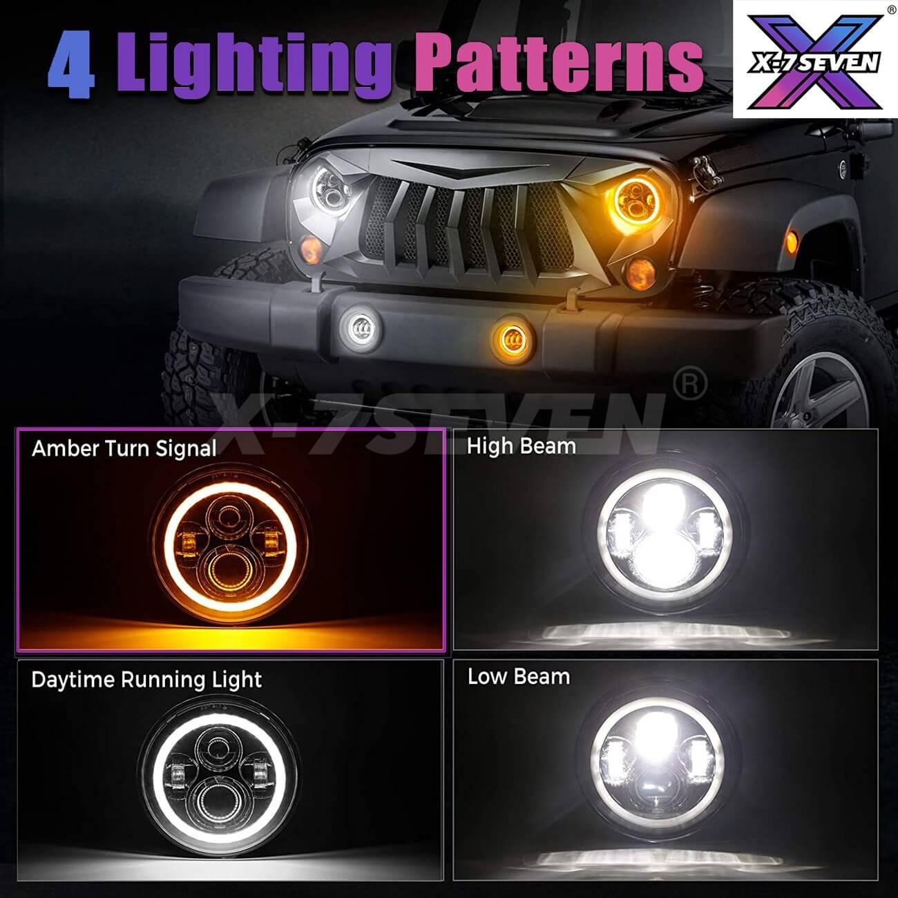 X-7SEVEN 7 Inch 90W Round Halo Ring Jeep Headlights With Amber Turn Signal - DLX0021