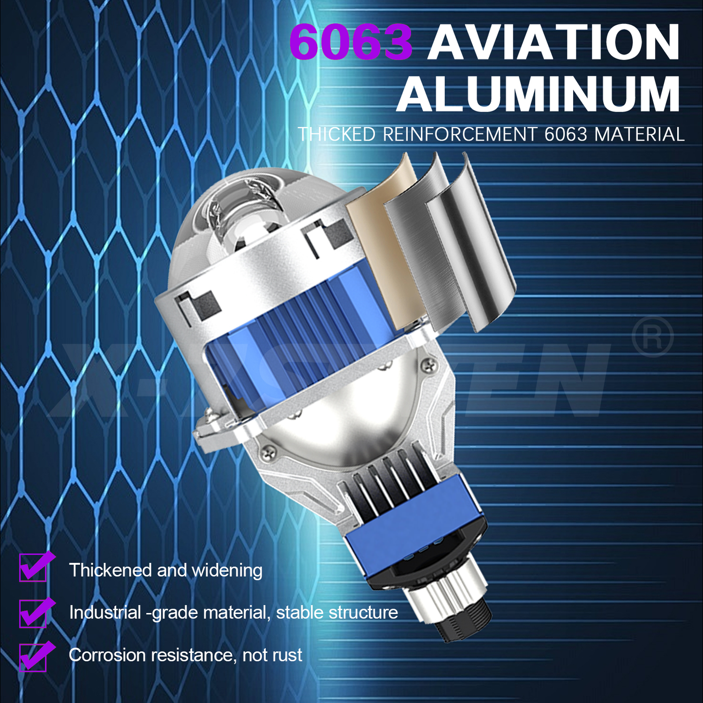 X-7SEVEN A01 High Output 3 Inch Bi-LED Projector Lens Driving Light Headlamp System for Modified Vehicles