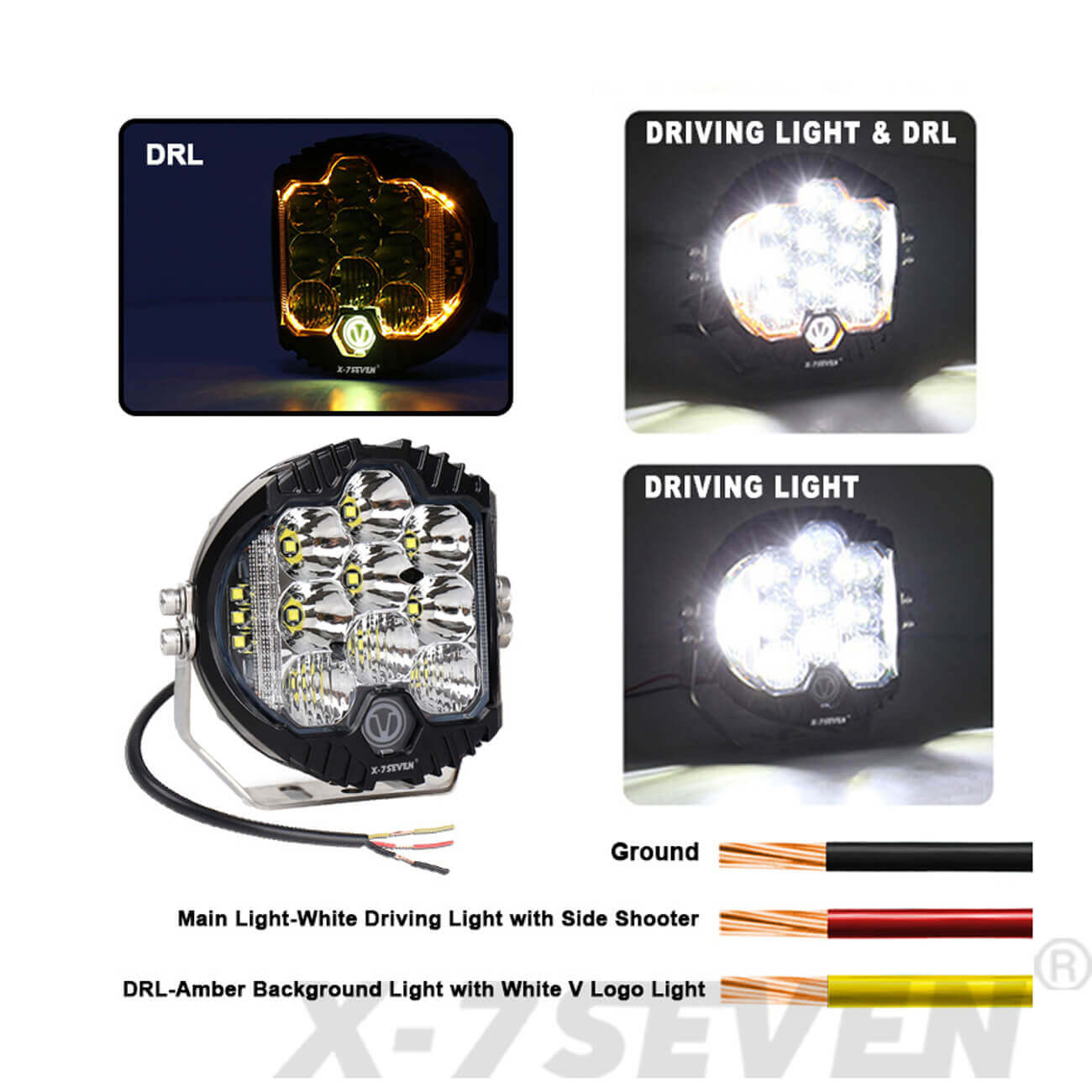 X-7SEVEN 7 Inch 80W 8000LM High Power Side Shoot Combo Beam Round White Led Driving Light With DRL - DLX0024