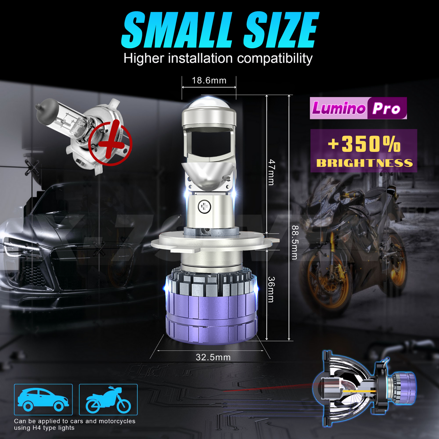 X-7SEVEN H4 Hi/Lo Beam X-Lumino Pro Series 120W 24000LM LHD RHD H4 Mini Bi-LED Projector Lens for Car and Motorcycle