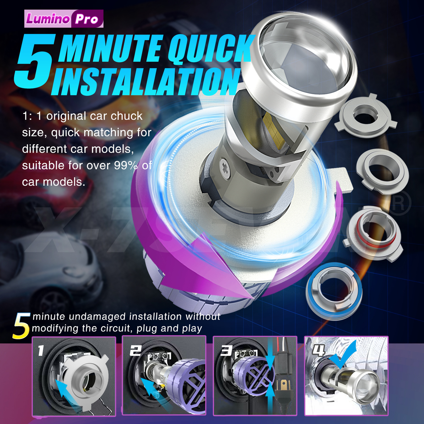 X-7SEVEN H4 Hi/Lo Beam X-Lumino Pro Series 120W 24000LM LHD RHD H4 Mini Bi-LED Projector Lens for Car and Motorcycle