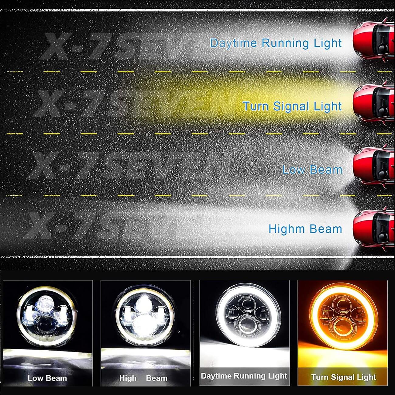 X-7SEVEN 7 Inch 90W Round Halo Ring Jeep Headlights With Amber Turn Signal - DLX0021