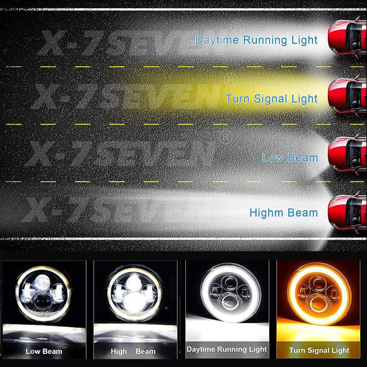 X-7SEVEN 7 Inch 90W Round Halo Ring Jeep Headlights With Amber Turn Signal - DLX0021