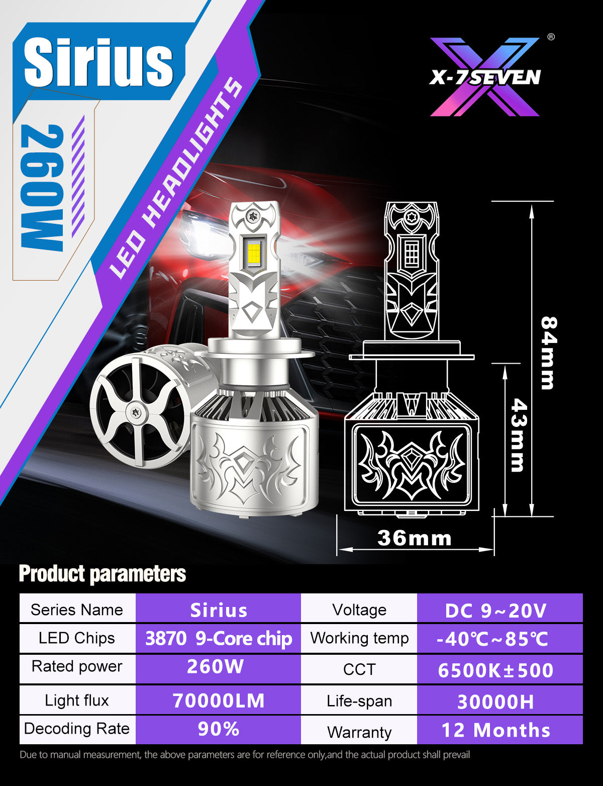X-7SEVEN OEM 2026 New Launched X-Sirius Series 260W 70000LM High Power HB3 HB4 H4 H7 LED Headlight